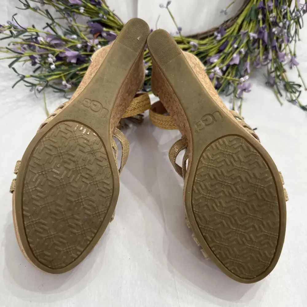 UGG Womens Sz 8.5 Lillie Gold Suede Metallic Wedge Sandal Boho Cottageco… - Picture 10 of 12